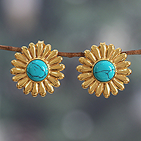 Brass button earrings, 'Tranquil Blossom' - Sunflower-Themed Brass and Recon Turquoise Button Earrings