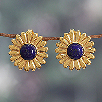 Lapis lazuli button earrings, 'Royal Blossom' - Sunflower-Themed Brass and Lapis Lazuli Button Earrings