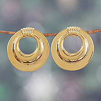 Brass drop earrings, 'Modern Connection' - High-Polished Modern Round Brass Drop Earrings from India