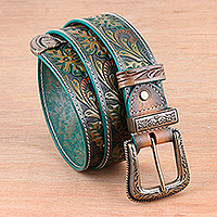 Embossed leather belt, 'Vintage Flair' - Antiqued Leaf-Themed Embossed Leather and Brass Alloy Belt