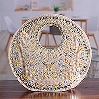Rayon embroidered handle bag, 'Prosperous Jaipur' - Floral Rayon Embroidered Yellow and Beige Handle Bag