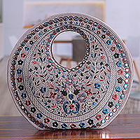 Rayon embroidered handle bag, 'Royal Jaipur' - Floral Rayon Embroidered Blue and Grey Handle Bag