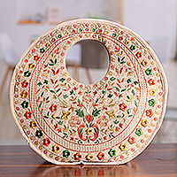 Embroidered circle bag, 'Tender Jaipur' - Floral Rayon Embroidered Orange and Beige Handle Bag