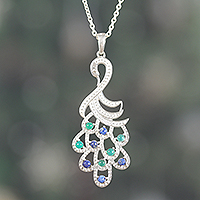 Onyx and lapis lazuli pendant necklace, 'Sublime Peacock' - Onyx Lapis Lazuli Sterling Silver Peacock Pendant Necklace