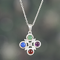 Multi-gemstone pendant necklace, 'Color Glam' - Silver Onyx Lapis Lazuli Amethyst Garnet Pendant Necklace