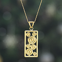 Brass pendant necklace, 'Spiral Blast' - High-Polished Spiral-Patterned Brass Pendant Necklace