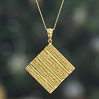 Brass pendant necklace, 'Paths of Prosperity' - High-Polished Diamond-Shaped Brass Pendant Necklace