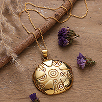 Brass pendant necklace, 'Symphony of Balance' - Brass Pendant Necklace with Engraved Patterns from India