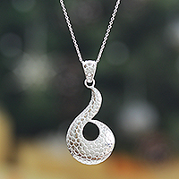 Silver-plated brass pendant necklace, 'Beaming Waves' - High-Polished Silver-Plated Brass Pangolin Pendant Necklace