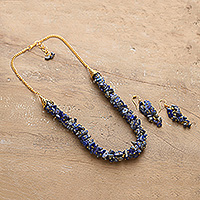 Lapis lazuli jewelry set, 'Royal Vestiges' - Gold-Toned Lapis Lazuli Necklace and Earrings Jewelry Set