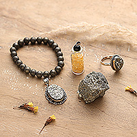 Pyrite and citrine jewelry set, 'Fortune's Forge' - Inspirational Natural Pyrite and Citrine Chip Jewelry Set