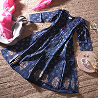 Cotton tunic dress, 'Royal Blue Enchantment' - Cotton Tunic Dress with Hand Block-Printed Floral Leaf Theme