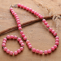 Agate beaded jewellery set, 'Beads of Empathy' - Pink Agate Beaded Necklace and Bracelet jewellery Set