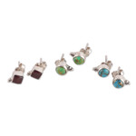 Gemstone stud earrings, 'Primaveral Appeal' (set of 3) - Set of 3 Composite Turquoise and Garnet Stud Earrings
