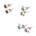 Gemstone stud earrings, 'Primaveral Appeal' (set of 3) - Set of 3 Composite Turquoise and Garnet Stud Earrings