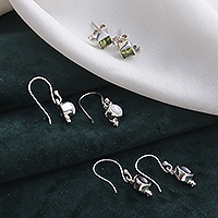 Gemstone earrings, 'Triple Seduction' (set of 3) - Set of 3 Peridot, Garnet and Rainbow Moonstone Earrings