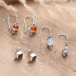 Gemstone earrings, 'Triple Majesty' (set of 3) - Set of 3 Carnelian, Amethyst and Rainbow Moonstone Earrings