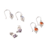 Gemstone earrings, 'Triple Majesty' (set of 3) - Set of 3 Carnelian, Amethyst and Rainbow Moonstone Earrings