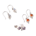 Gemstone earrings, 'Triple Majesty' (set of 3) - Set of 3 Carnelian, Amethyst and Rainbow Moonstone Earrings