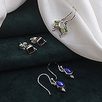Gemstone earrings, 'Charming Three' (set of 3) - Set of 3 Peridot, Garnet and Lapis Lazuli Earrings