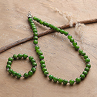 Agate beaded jewellery set, 'Beads of Luck' - Green Agate Beaded Necklace and Bracelet jewellery Set