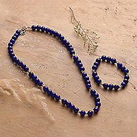Lapis lazuli beaded jewellery set, 'Beads of Intellect' - Lapis Lazuli Beaded Necklace and Bracelet jewellery Set