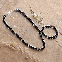 Onyx beaded jewelry set, 'Beads of Mystery' - Onyx Beaded Necklace and Bracelet Jewelry Set