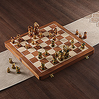 Wood chess set, 'Challenge of Rajasthan' - Hand-Painted Red and Green Wood Chess Set from India