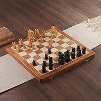 Wood chess set, 'Challenge of Kings' - Hand-Painted Brown and Black Wood Chess Set from India