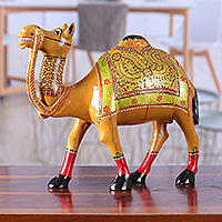 Wood sculpture, 'Desert Majesty' - Traditional Hand-Painted Kadam Wood Camel Sculpture
