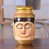 Wood pen holder, 'Serene Words' - Buddha-Themed Hand-Painted Kadam Wood Pen Holder