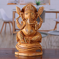 Wood sculpture, 'Auspicious Beginnings' - Hand-Carved Traditional Kadam Wood Ganesha Sculpture