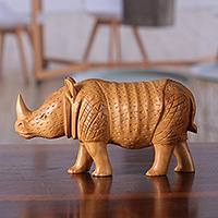 Wood sculpture, 'Rhino Enigma' - Hand-Carved Kadam Wood Rhino Sculpture from India