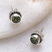 Peridot stud earrings, 'Green Glare' - Peridot and Sterling Silver Stud Earrings with Dot Accents