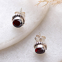 Garnet stud earrings, 'Red Glare' - Garnet and Sterling Silver Stud Earrings with Dot Accents