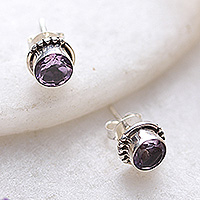 Amethyst stud earrings, 'Exquisite Glare' - Amethyst and Sterling Silver Stud Earrings with Dot Accents
