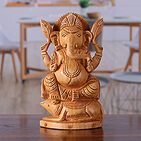 Wood sculpture, 'Ganesha on His Vahana' - Traditional Hand-Carved Kadam Wood Sculpture of Ganesha