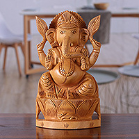 Wood sculpture, 'Ganesha and His Meditation' - Traditional Kadam Wood Sculpture of Meditating Ganesha