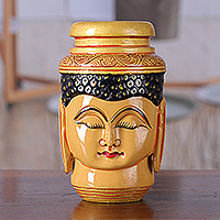 Wood pen holder, 'Wise Words' - Buddha-Themed Hand-Painted Golden Kadam Wood Pen Holder