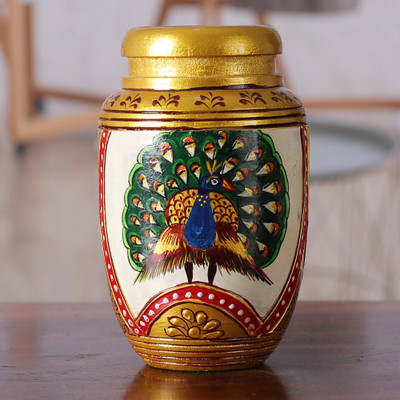Wood pen holder, 'Glimpse into Paradise' - Classic Peacock-Themed Golden Kadam Wood Pen Holder