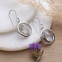 Rainbow moonstone dangle earrings, 'Captured Mist' - Sterling Silver and Rainbow Moonstone Orb Dangle Earrings