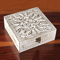 Wood and glass decorative box, 'Forest Gold' - Distressed Leafy-Patterned Mango Wood Decorative Box