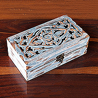 Wood and glass decorative box, 'Garden of Reflections' - Floral Distressed Mango Wood and Glass Decorative Box