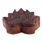 Wood puzzle box, 'Sacred Secret' - Lotus-Themed Mango Wood Puzzle Box Handcrafted in India
