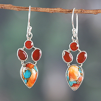 Carnelian dangle earrings, 'Song of Fire' - Carnelian and Composite Turquoise Dangle Earrings from India