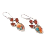 Carnelian dangle earrings, 'Song of Fire' - Carnelian and Composite Turquoise Dangle Earrings from India
