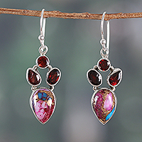 Garnet dangle earrings, 'Song of Romance' - Garnet and Composite Turquoise Dangle Earrings from India