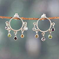 Multi-gemstone dangle earrings, 'Harmonious Sweets' - One-Carat Multi-Gemstone Dangle Earrings with Round Jewels