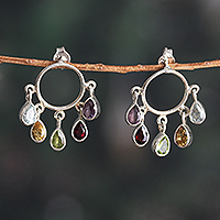 Multi-gemstone dangle earrings, 'Harmonious Rain' - Five-Carat Multi-Gemstone Dangle Earrings with Drop Jewels