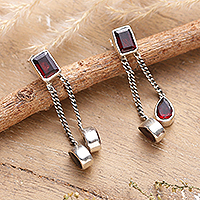 Garnet dangle earrings, 'Scarlet Tale' - Five-Carat Faceted Garnet Dangle Earrings from India